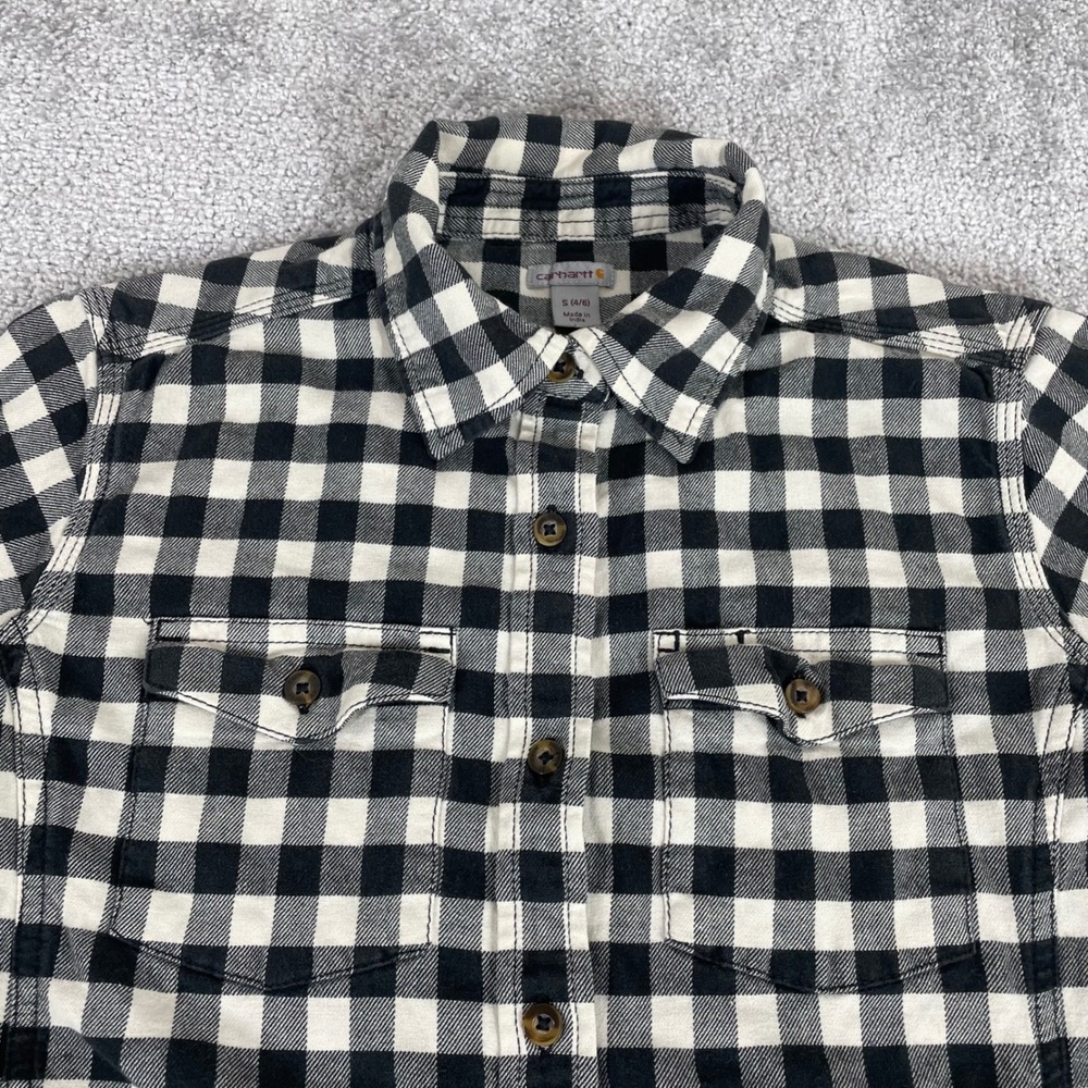 Carhartt Flannel Shirt Womens Small Buffalo Plaid Button Up White Black